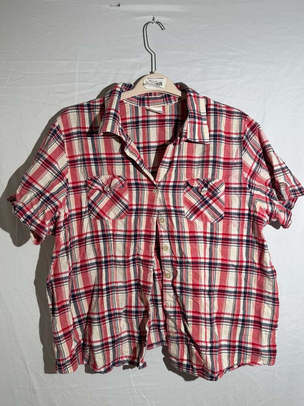 Erika Woman Plaid Button Up Shirt Womens Red Blue Short Sleeve Pocketed Top⁠